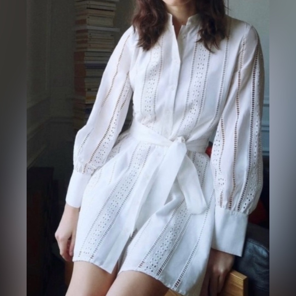 Zara lace white shirt dress with a tie